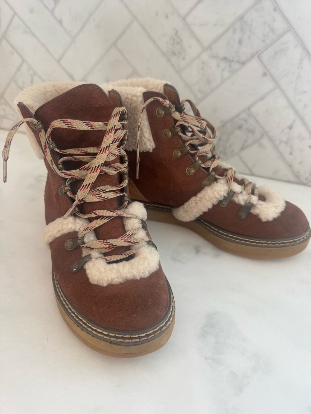 See By Chloe Brown Suede Lace-Up Shearling Boots